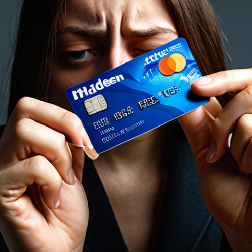 Home 4 **A person looking stressed while holding a credit card, surrounded by hidden fees like cash withdrawal fees, foreign transaction fees, and late payment fees. Emphasize the "hidden" aspect with shadowy figures or obscured text.**
