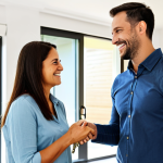 Home 5 The Benefit of Good Credit**
A professional couple in their 30s, smiling and receiving keys to a new home from a real estate agent. The scene is bright and welcoming, with a modern, family-friendly house in the background. The couple is dressed in appropriate casual attire, fully clothed. The image emphasizes financial well-being and achievement. Safe for work, appropriate content, perfect anatomy, natural proportions, high quality, professional, modest.
**