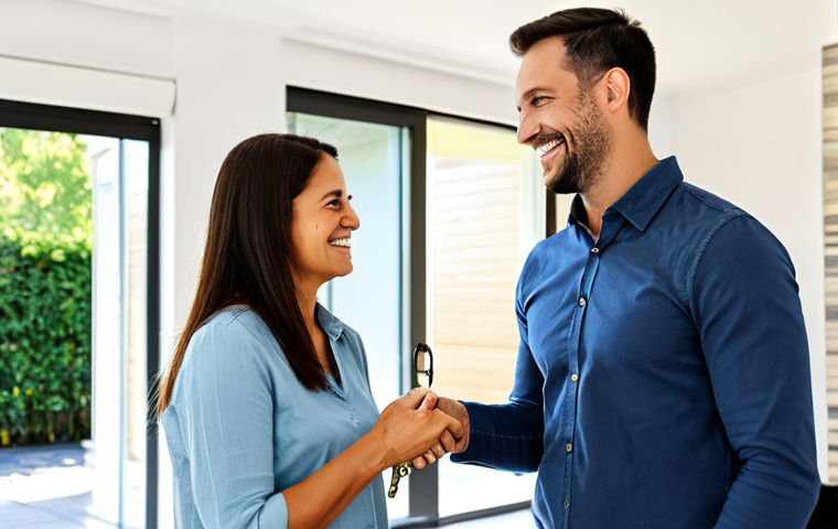 The Benefit of Good Credit**
A professional couple in their 30s, smiling and receiving keys to a new home from a real estate agent. The scene is bright and welcoming, with a modern, family-friendly house in the background. The couple is dressed in appropriate casual attire, fully clothed. The image emphasizes financial well-being and achievement. Safe for work, appropriate content, perfect anatomy, natural proportions, high quality, professional, modest.
**