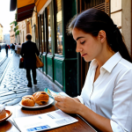 Home 7 신용 카드 사용의 최적화 전략 - Comparing Credit Card Offers**
A woman sitting at a table in a sunlit Italian cafe, reviewing broch...