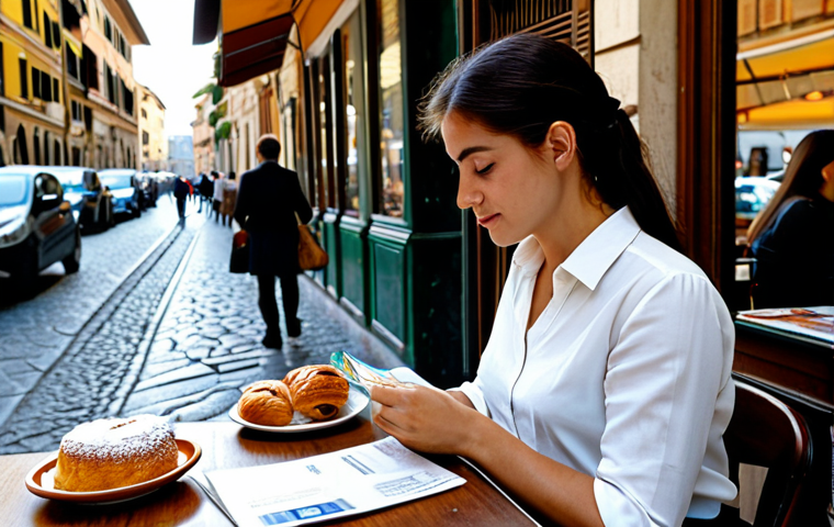 신용 카드 사용의 최적화 전략 - Comparing Credit Card Offers**
A woman sitting at a table in a sunlit Italian cafe, reviewing broch...