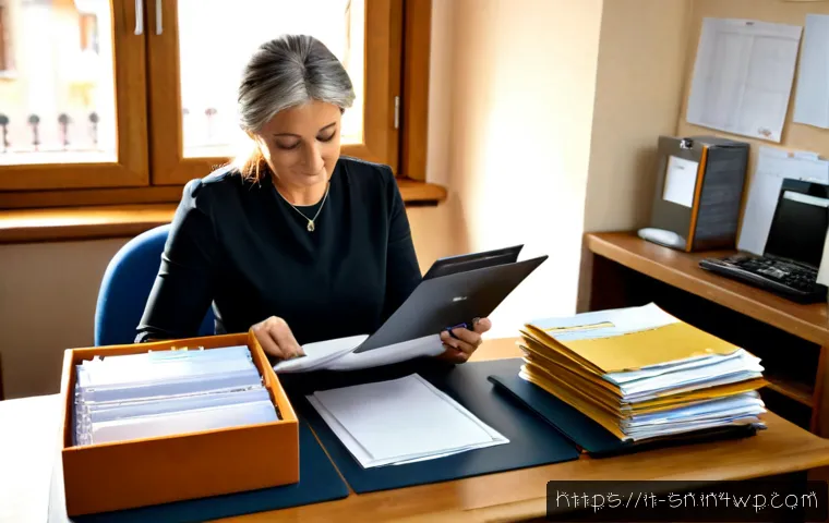 Home 14 신용 기록 보존 기간 이해하기 - Photorealistic Italian home office scene illustrating credit record retention, a middle-aged Italian...