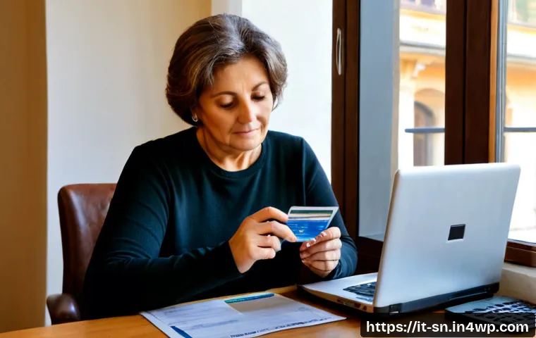 Home 17 신용 카드 한도 증액 요청 시 유의사항 - Photorealistic Italian home office scene, a middle-aged woman carefully reviewing a credit card limi...